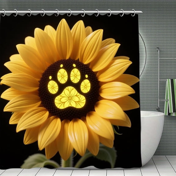 Cute Dog Paw Print Love Yellow Sunflower Design Print Shower Curtain,Modern Fabric Waterproof Shower Curtain Set with Hooks 70.8×70.8Inch (180×180cm)