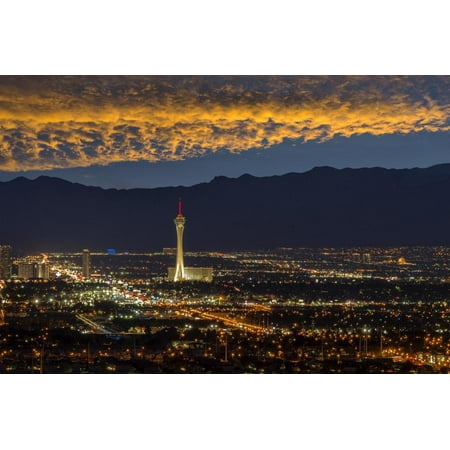 USA, Nevada, Las Vegas, Stratosphere and downtown at night Print Wall Art By Christian