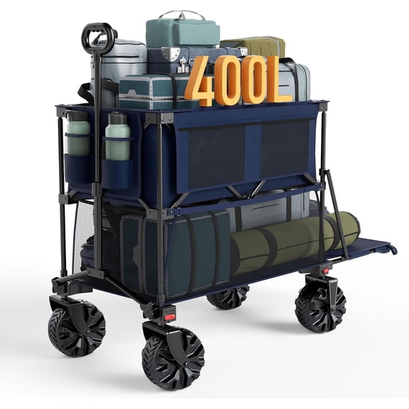 Collapsible Double Decker Folding Wagons, Sports Wagon with Tailgate, Big Wheels, 450LB Heavy Duty 14 FT Foldable Cart for Camping, Garden, Outdoor