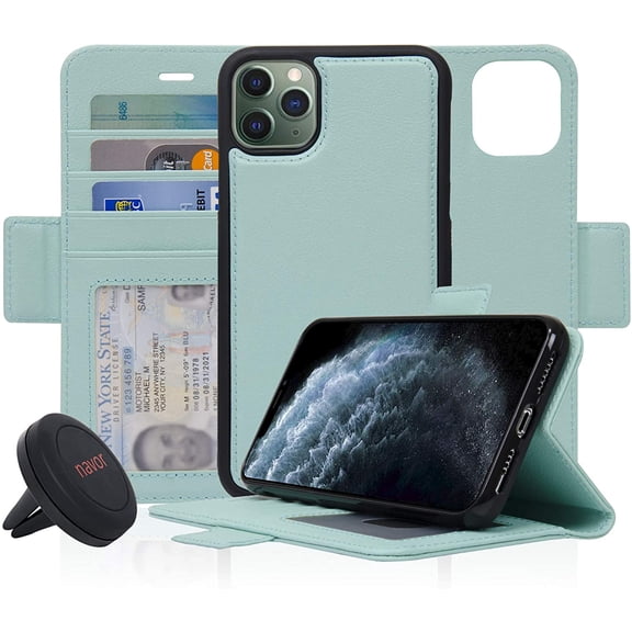 navor Universal Car Mount & Detachable Magnetic Wallet Case with RFID Protection Compatible for iPhone 11 Pro Max [6.5 inch] [Vajio Series] - Mint