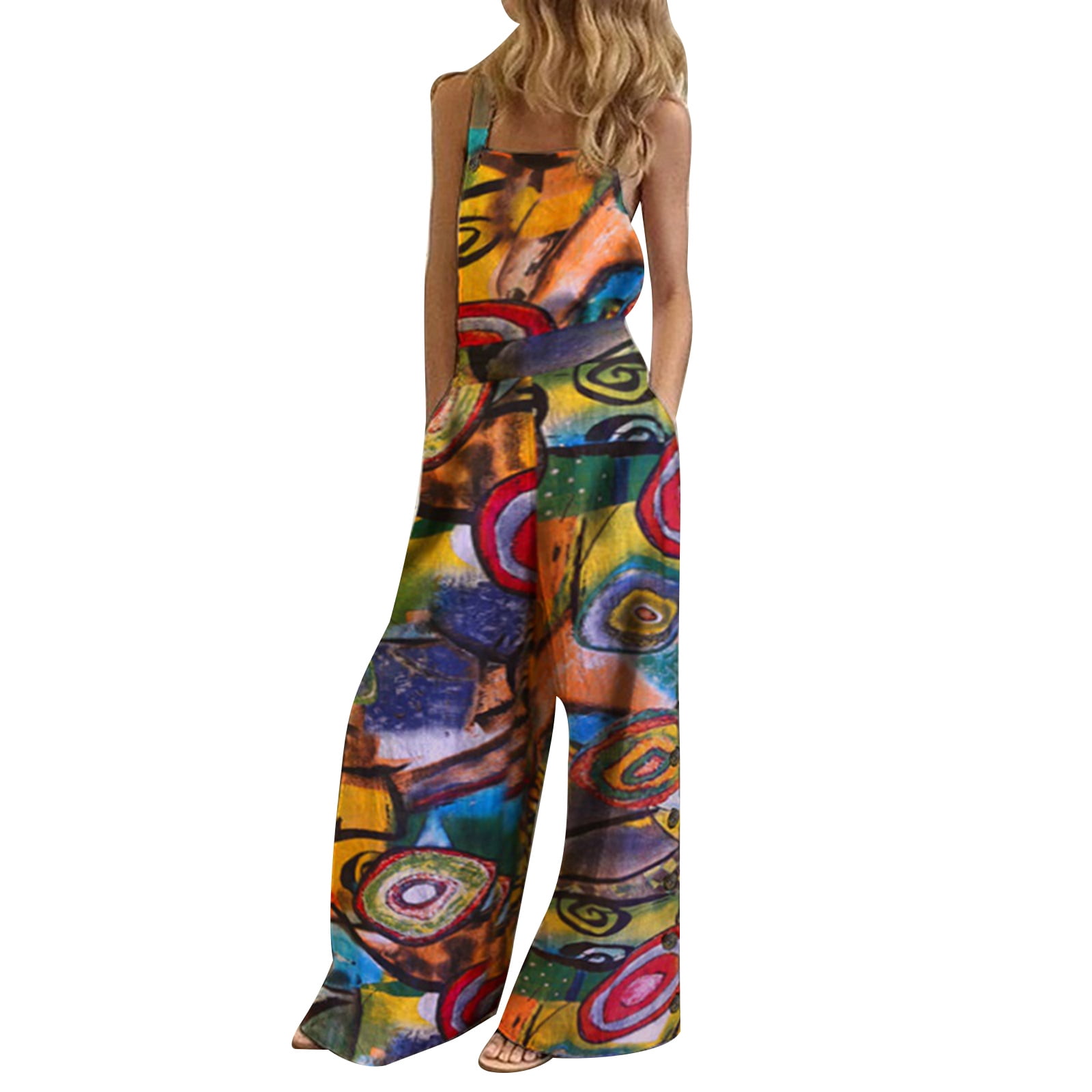 Puloru Women Summer Overalls, Ethnic Printing Square Neck Sleeveless