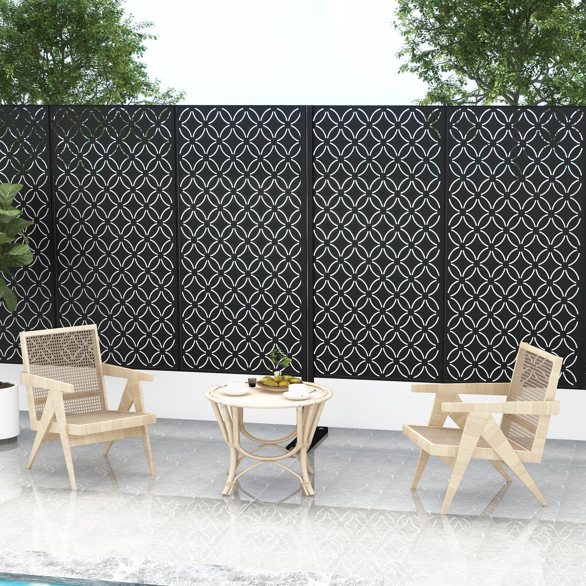 MAYEERTY 72×47" Outdoor Black Metal Privacy Panel Screen for Backyard & Garden, Coin Pattern