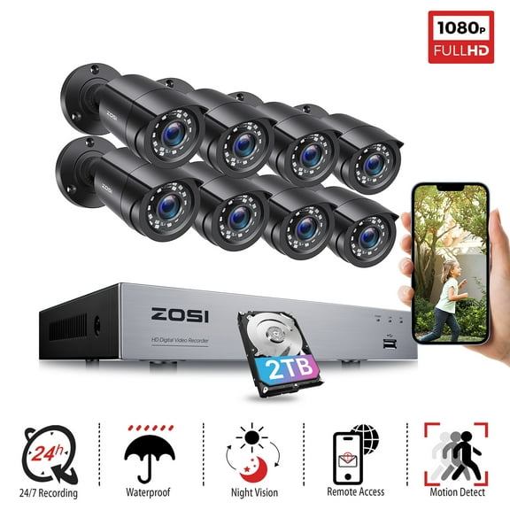 ZOSI H.265  5MP Lite 8CH CCTV Security Camera System 1080P 4in1 DVR with 8 Bullet Waterproof Wired Surveillance Cameras Alarm System Motion Detection