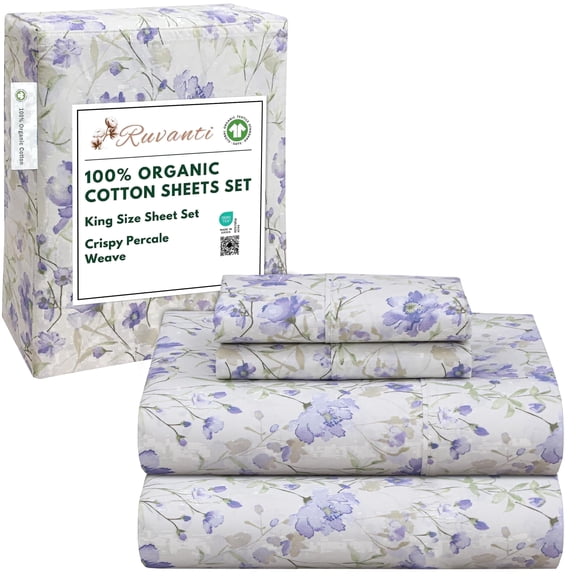 RUVANTI 100% Organic Cotton Sheets - King Size Sheet Set - 4 Piece Percale Weave Bedding, Crisp, Cooling & Breathable, Soft & Durable, 16" Deep Pocket, Hotel Quality Sábanas - Heather