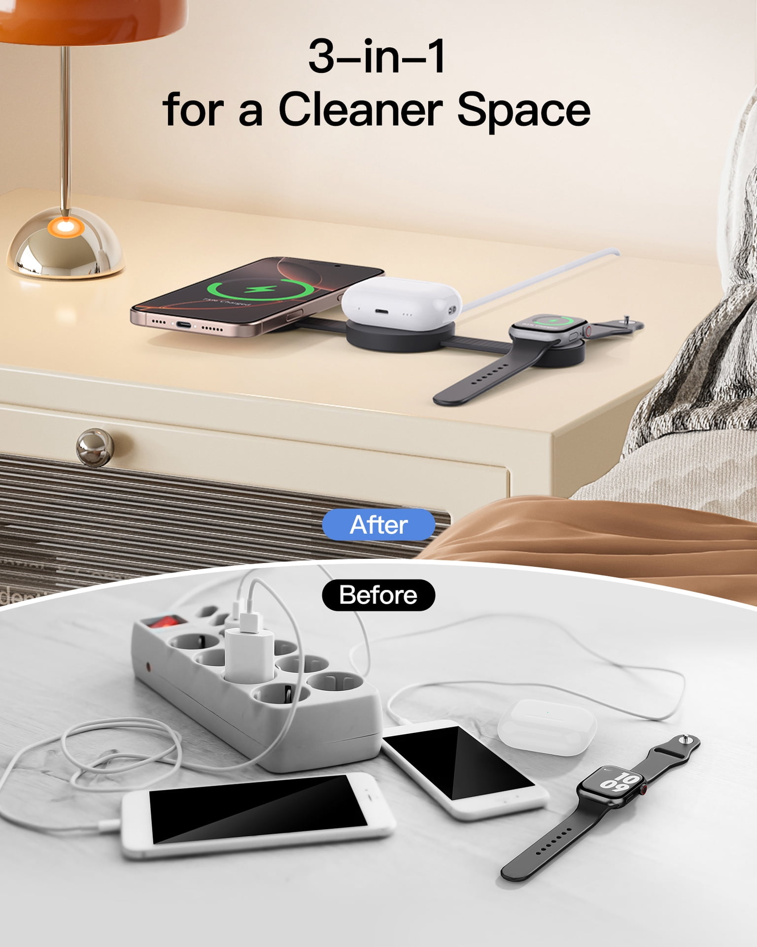 Travel Magnetic Wireless Mag-Safe MagGo UFO 3 in 1 Charging Station for Apple Multiple Devices (Black)