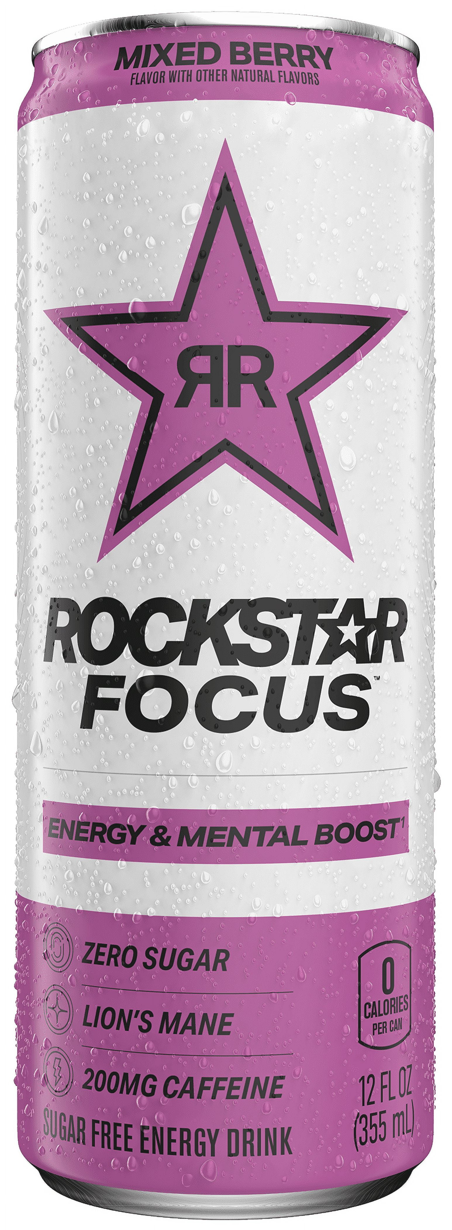 Rockstar Focus Zero Sugar Energy Drink, Mixed Berry Flavor, Lion’s Mane, Energy & Mental Boost, 12 oz 12 Pack Cans