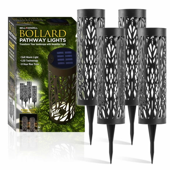 Bell + Howell Bollard 4 Pack Solar Powered Outdoor Pathway Lights Warm LED Weatherproof Auto On/Off