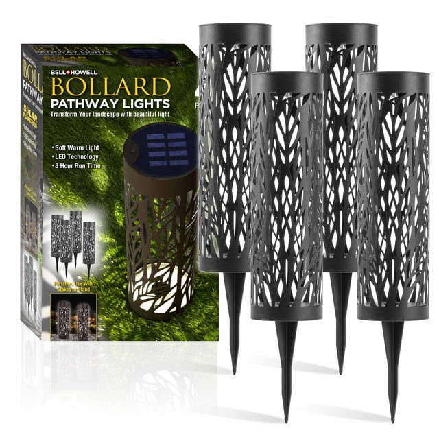 Bell + Howell Bollard 4 Pack Solar Powered Outdoor Pathway Lights Warm LED Weatherproof Auto On/Off