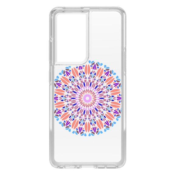 DistinctInk Clear Shockproof Hybrid Case for Galaxy S21 ULTRA 5G (6.8" Screen) - TPU Bumper Acrylic Back Tempered Glass Screen Protector - Modern Mandala - Blue Peach Purple