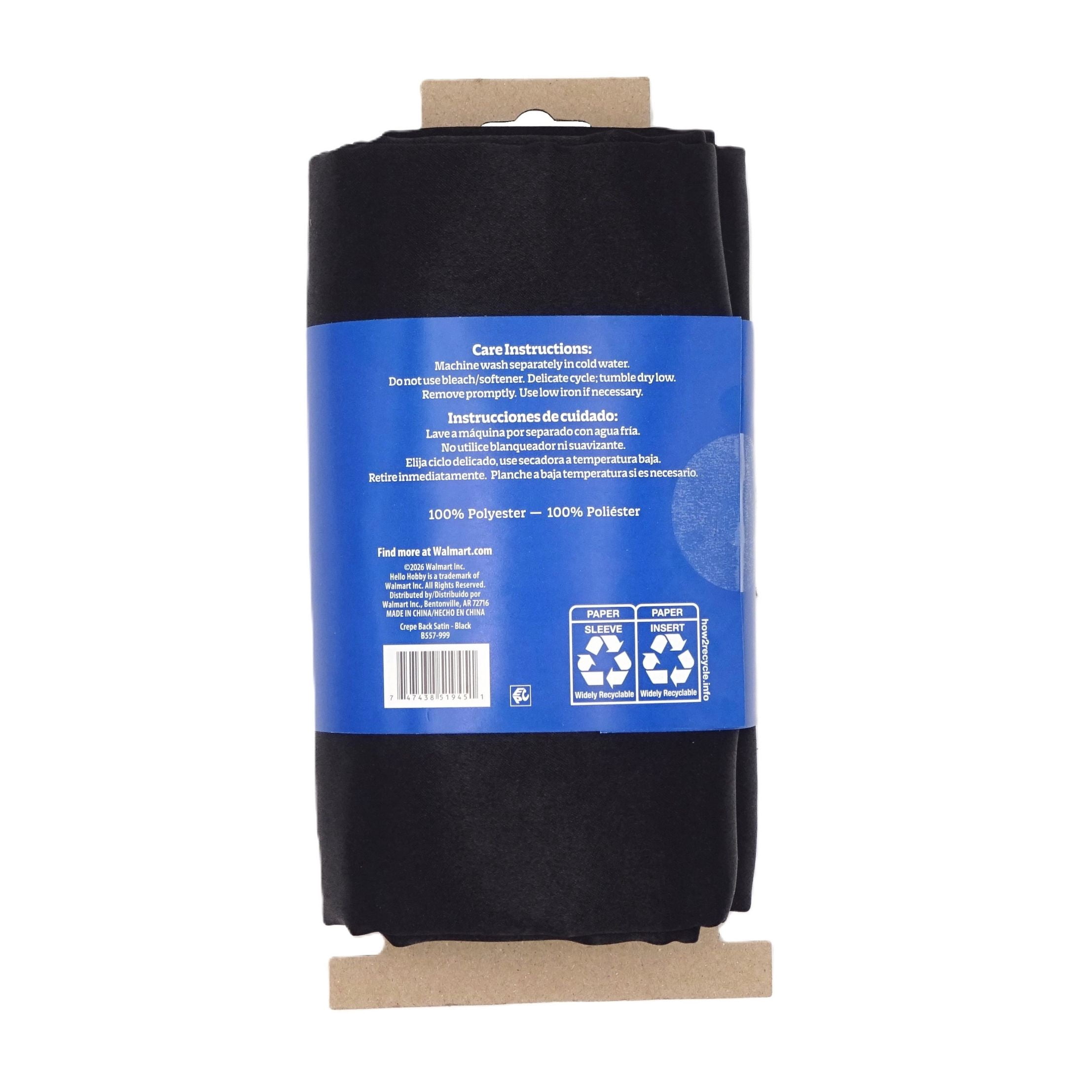 Hello Hobby 59” x 72” 100% Polyester Crepe Back Satin 2 Yard Precut Fabric, Black, 59" Wide for Sewing & Crafting