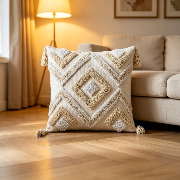 Boho Tufted Throw Pillow Cover with Tassels Geometric Diamond Cushion Cover for Sofa Bed and Home Decor