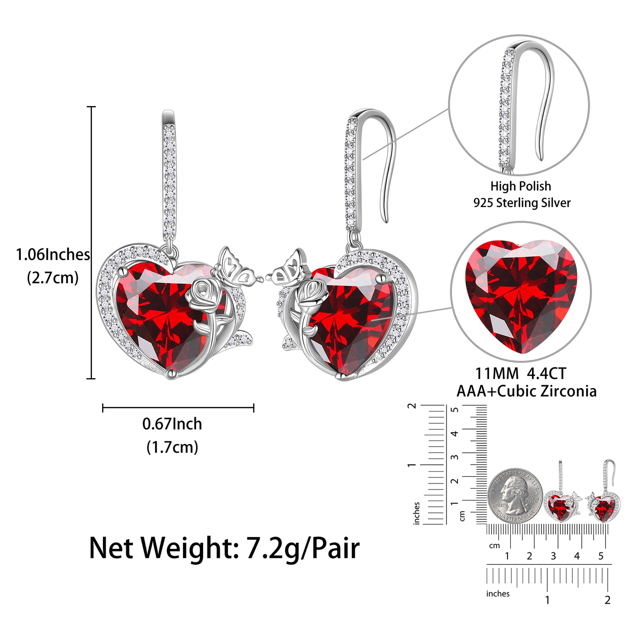 Juwaliy Women Drop Earrings 925 Sterling Silver Hook Earrings January Birthstone Heart Garnet Red Butterfly Rose Flower Jewelry Mother Christmas Valentines Gift