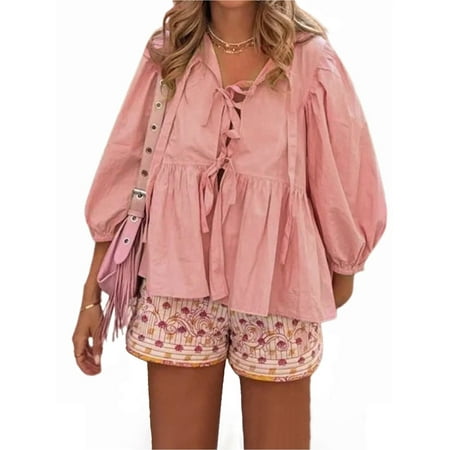 Babydoll Shirts for Women Lace Up Puff Sleeve Blouse V Neck Half Sleeve Basic Tops Y2K Peplum Loose Casual T-Shirt