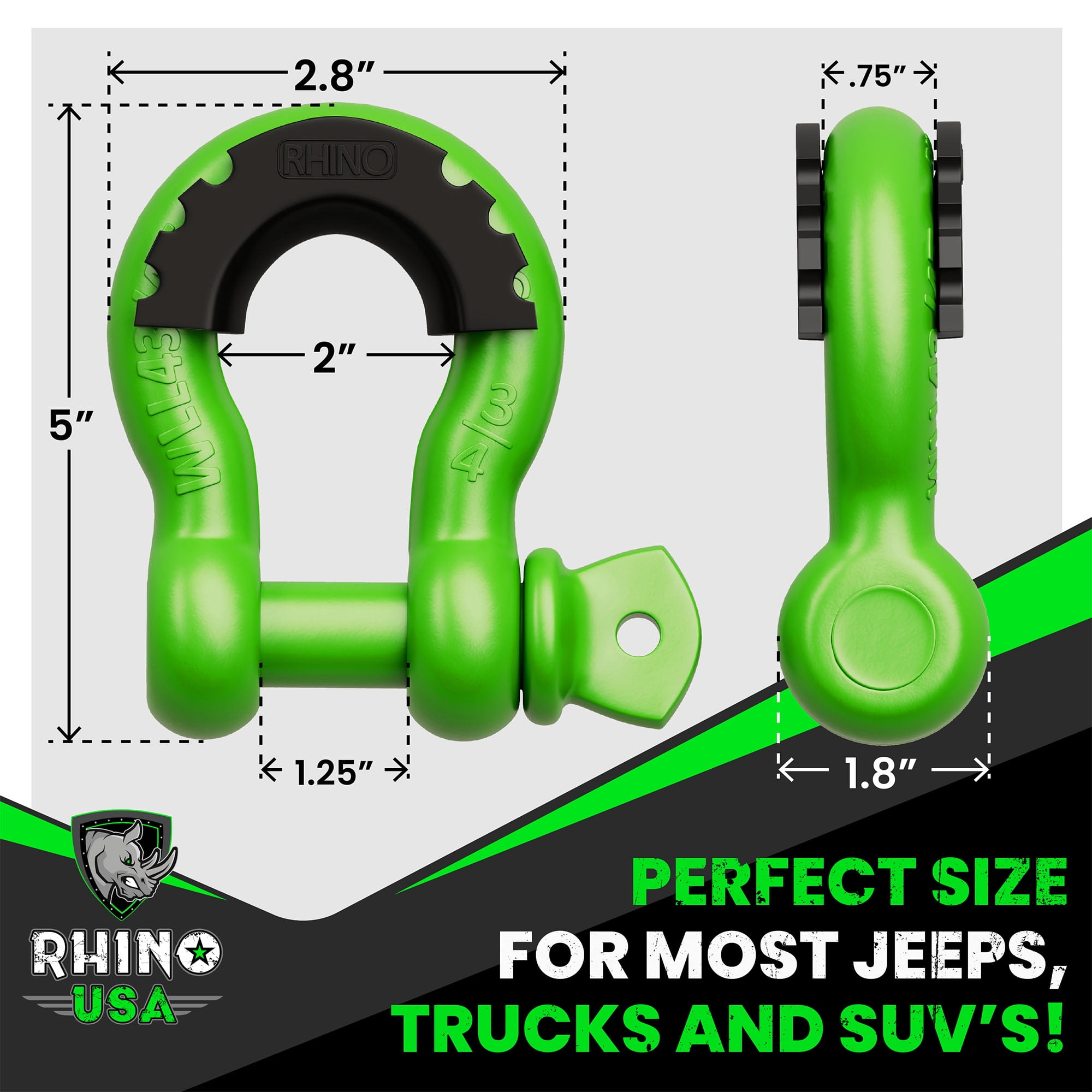 Rhino USA D Ring Shackle - 41,850lb Break Strength - Heavy Duty 3/4" Clevis Shackle w/ 7/8 Pin, Green 2pc
