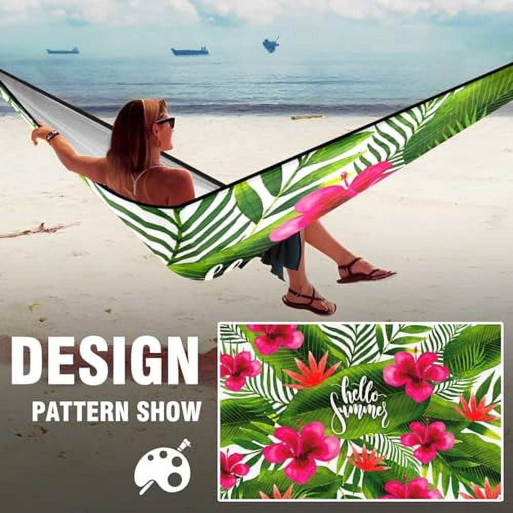 Hammock Double & Single Portable Hammocks with Storage Bag Travel Camping Beach Hiking Backpacking Patio Backyard-Indoor Outdoor Gear Hello Summer Tropical Floral Palm