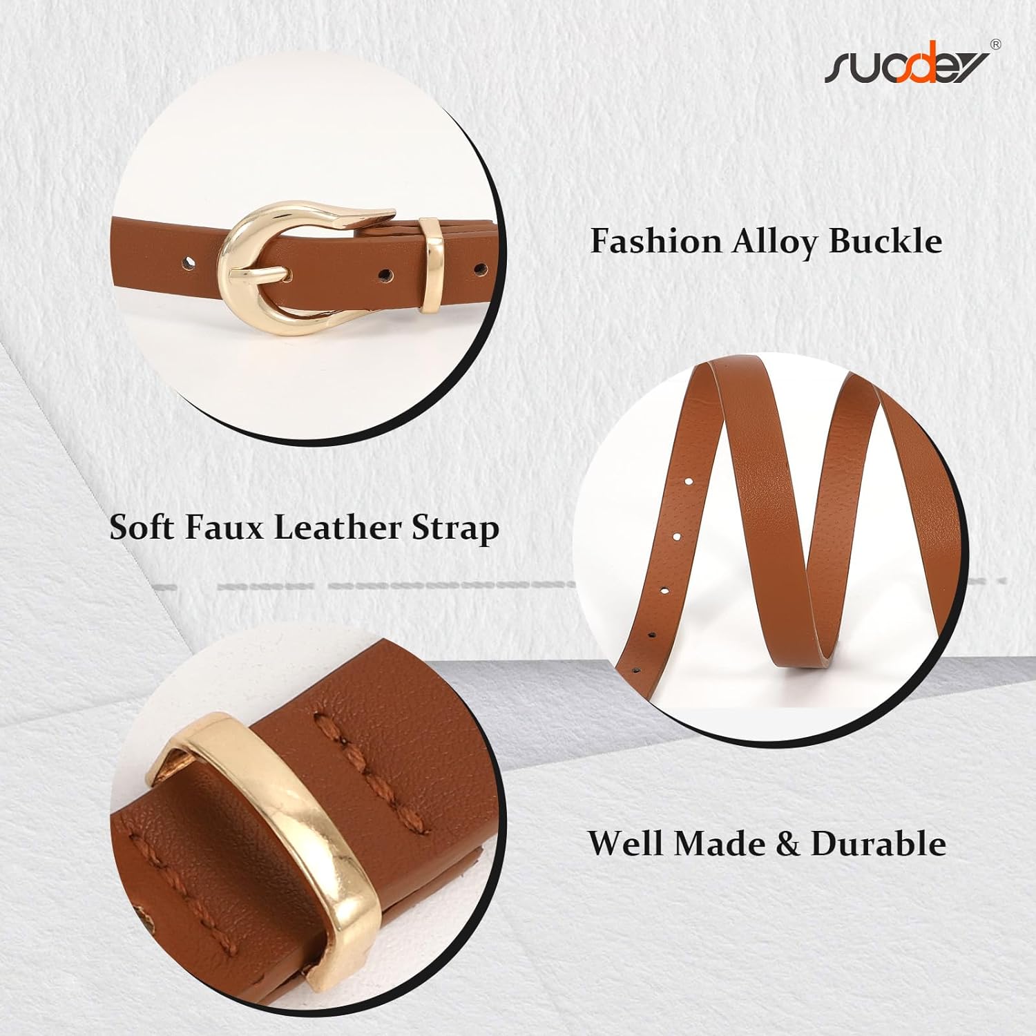 Womens Leather Belts 2 Pack Skinny Gold Buckle Adjustable Fits Waist 29-50 2 Pack Women Skinny Belt Thin Waist Belt with Fashion Gold  main image 4