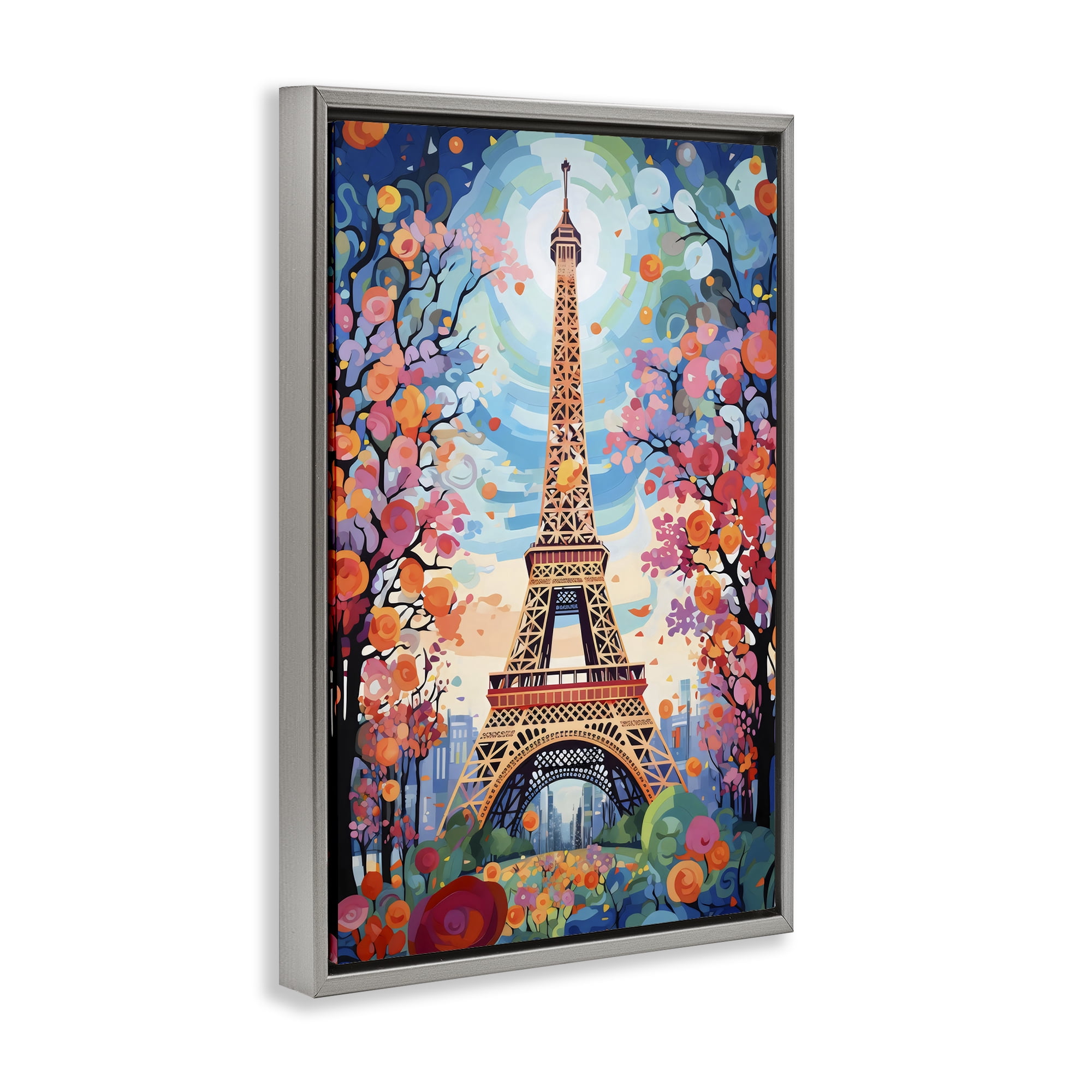 Stupell Industries Eiffel Tower Nighttime Bloom Gray Framed Floater Canvas Wall Art, design by Creative Studio