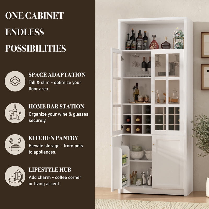 Tall Wine Storage Cabinet with Glass Doors, Freestanding Home Bar Pantry Cabinet with Goblet Rack & 18-Bottle Grid
