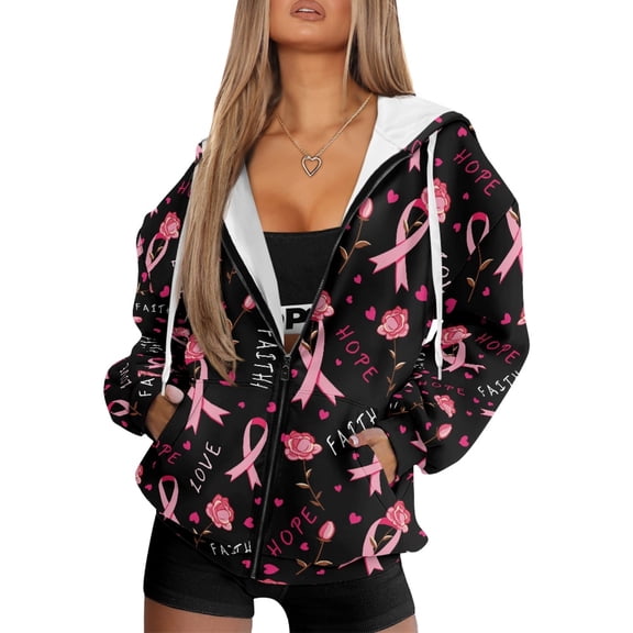 HELLHERO Pink Ribbon Pattern with Pockets Long Sleeve Sweatshirts for Fall Winter, Polyester Fabric Drawstring Hooded Jacket