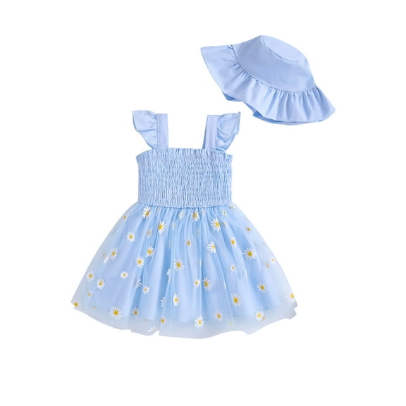 Kucnuzki 12 Months Infant Baby Girls Dress18 Months Girls Summer Clothes Ruffle Sleeveless A-line Tulle Dress Bow Floral Dress One-piece Overalls with Hat 2PCS 12-18 Months Blue