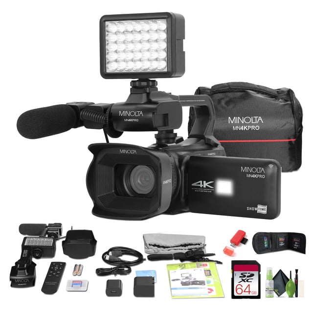 Minolta MN4KPRO 4K60FPS UHD 64 MP Autofocus Caméra Vidéo Pro Kit avec Wi-Fi Ensemble avec Carte Mémoire 64 Go + Kit de Nettoyage + Portefeuille pour Carte Mémoire + Lecteur de Carte USB, SD/microSD