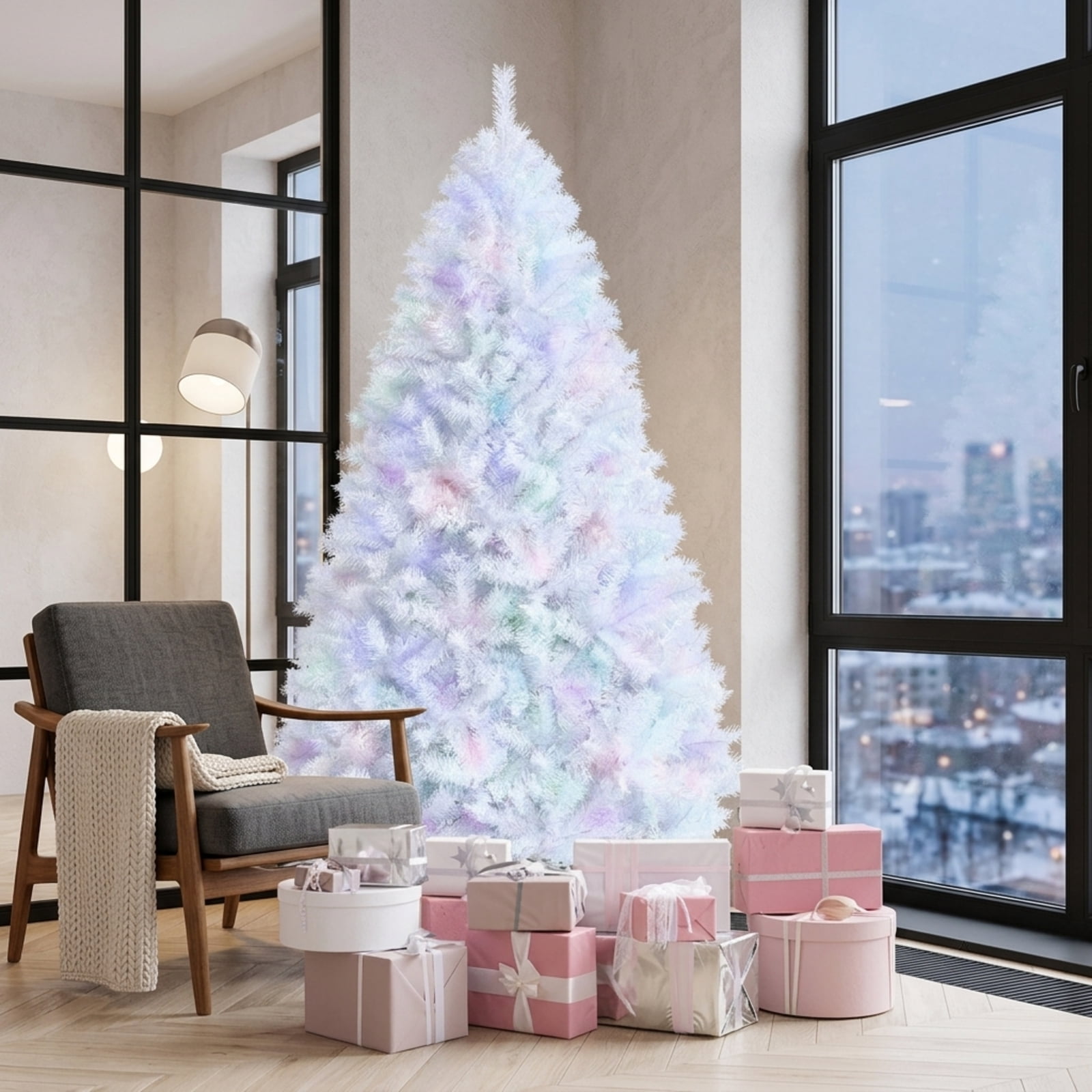 RUIE, 7 ft, Artificial Christmas Tree, 7 Ft White Tinsel Tree, 1156 Branch Tips, White, Hinged Branches for Christmas Party Living Room Decor