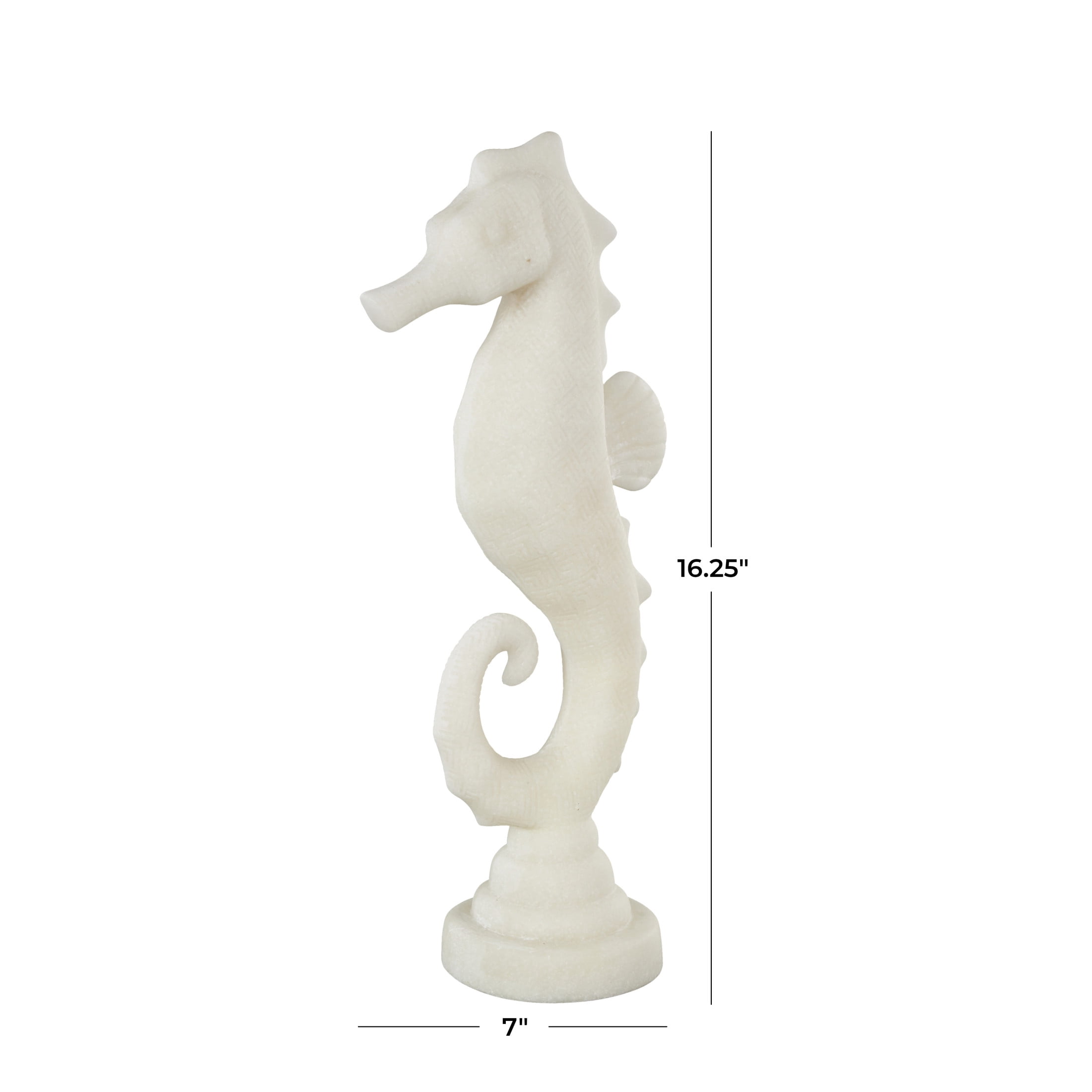 5" x 16" White Polystone Sea Horse Sculpture with Shimmering Details, by DecMode
