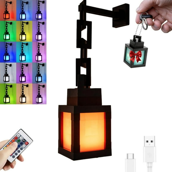 Pixelated Lantern Night Light, 16 Colors Rechargeable LED Lamp with Remote, Retro Pixel Style Table/Wall Light for Bedroom Gaming Decor
