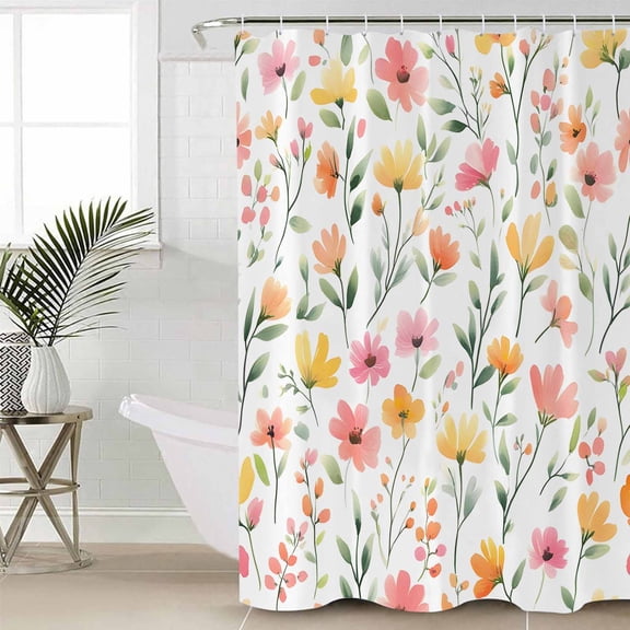 Spring Floral Waterproof Fabric Shower Curtain, Summer Flowers Watercolor Botanical Shower Curtain for Bathroom Curtains Bathtubs Hotel Washable Shower Curtains with 12 Hooks Standard 72x72