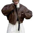 thumbnail image 4 of Womens Faux Leather Bomber Jackets Baseball Collar Zip Up Cropped Biker Coat with Pockets, 4 of 7
