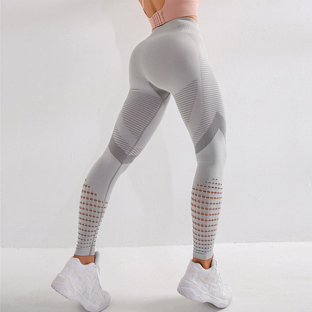 Femme Fitness Leggings Yoga Couture Super Elastique Sueur Mode Absorbant Jogging Pantalon Couleur Unie Trou Creux Decontracte Marche Legging Gris M