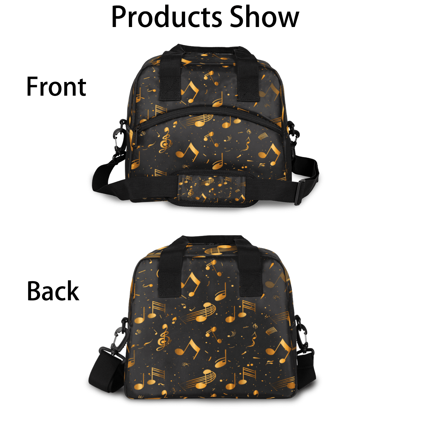 Herdesigns Music Insulated Lunch Bag for Women Men Adults Large Reusable Lunch Box Gold and Black Musical Notes Leakproof Cooler Tote Bags with Adjustable Shoulder Strap