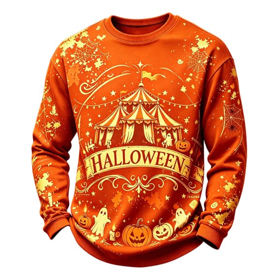 DORKASM Men Halloween Shirts Crew Neck Long Sleeve Spider Web Bat Comfy Pullover Pumpkin Loose Fit Funny Print Witch Workout Shirts Saffron 4XL