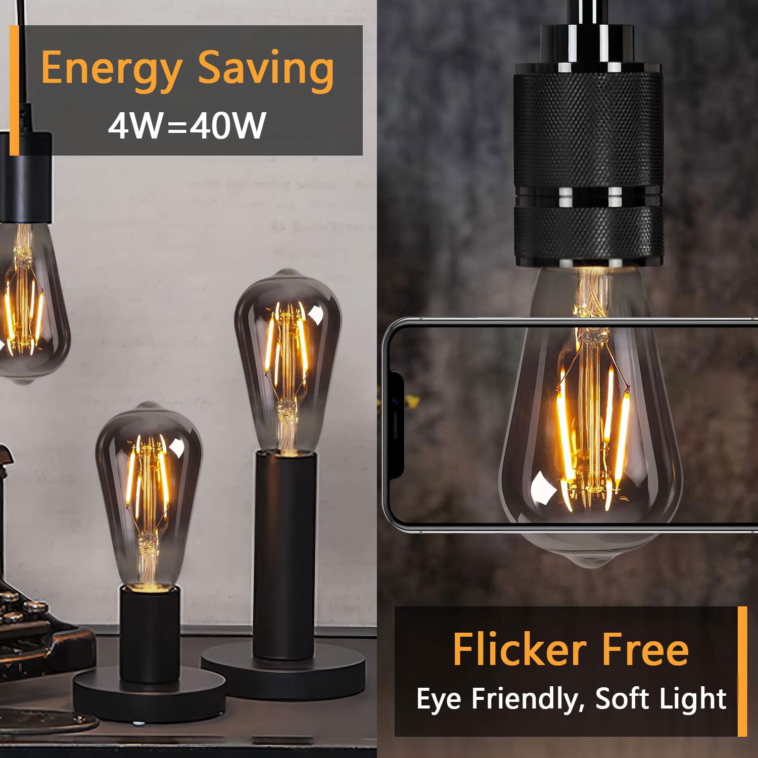 Roomrite LED Vintage Light Bulb, Edison Bulbs 4W (40W Equivalent) ST19 Warm Light Bulbs 2400K 300LM E26 Base,Non-Dimmable,Smoky-Gray Glass - 6 Pack