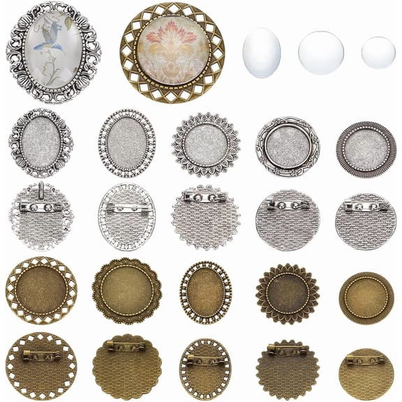 20Pcs Picture Lapel Pins Tibetan Style Brooch Cabochon Setting Blank Bezel Oval Brooch Pins Photo Pins 25x18mm Tray for Wedding Bridal Graduation Memorial Funeral Jewelry Making DIY Craft