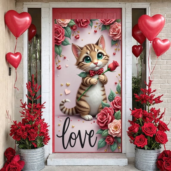 Pink Flamingo Happy Valentine's Day Banner Red Roses Romantic Design Heart Elements Gold Glitter for Couples Romantic Party Indoor Decoration Valentine's Celebration