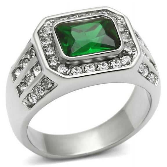 Men High Polished Stainless Steel Ring with Synthetic in Emerald - Size 9