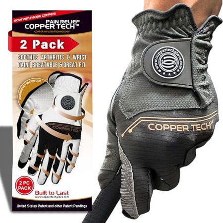 Copper TECH Men’s Golf Gloves (2 Packs) - Perfect for Summer Golfing - 100% AAA Cabretta Leather with Spider Tacky Grip - Breathable Copper Infused Material (Hand Orientation: Left, MED TO LARGE)