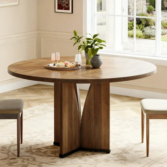 Fnova 39.37" Modern Round Dining Table for 4 with Wood Tabletop, Kitchen Table for Dining Room, Brown