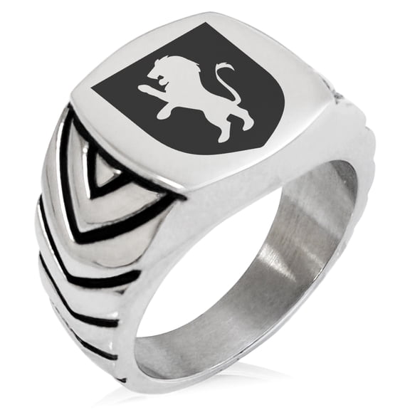 Stainless Steel Lion Courage Coat of Arms Shield Chevron Pattern Biker Style Polished Ring