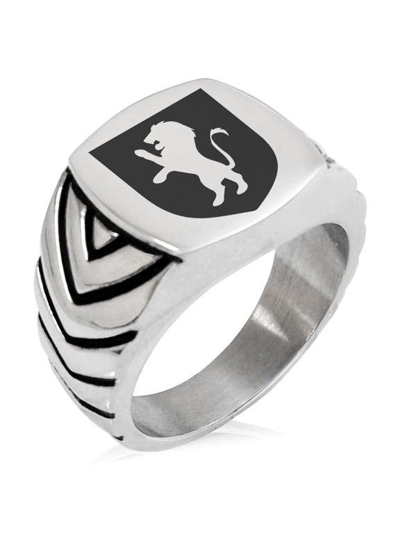 Stainless Steel Lion Courage Coat of Arms Shield Chevron Pattern Biker Style Polished Ring
