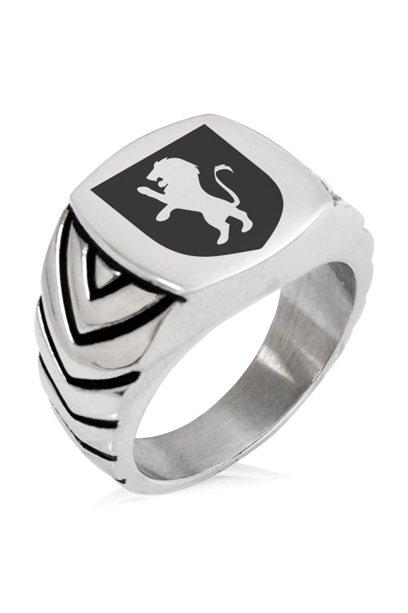 Stainless Steel Lion Courage Coat of Arms Shield Chevron Pattern Biker Style Polished Ring
