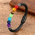 thumbnail image 3 of Pulsera de cuentas de chakra redondas naturales para hombre, clásica, de cuero genuino negro, de acero inoxidable, joyería de moda para mujer, 3 of 4