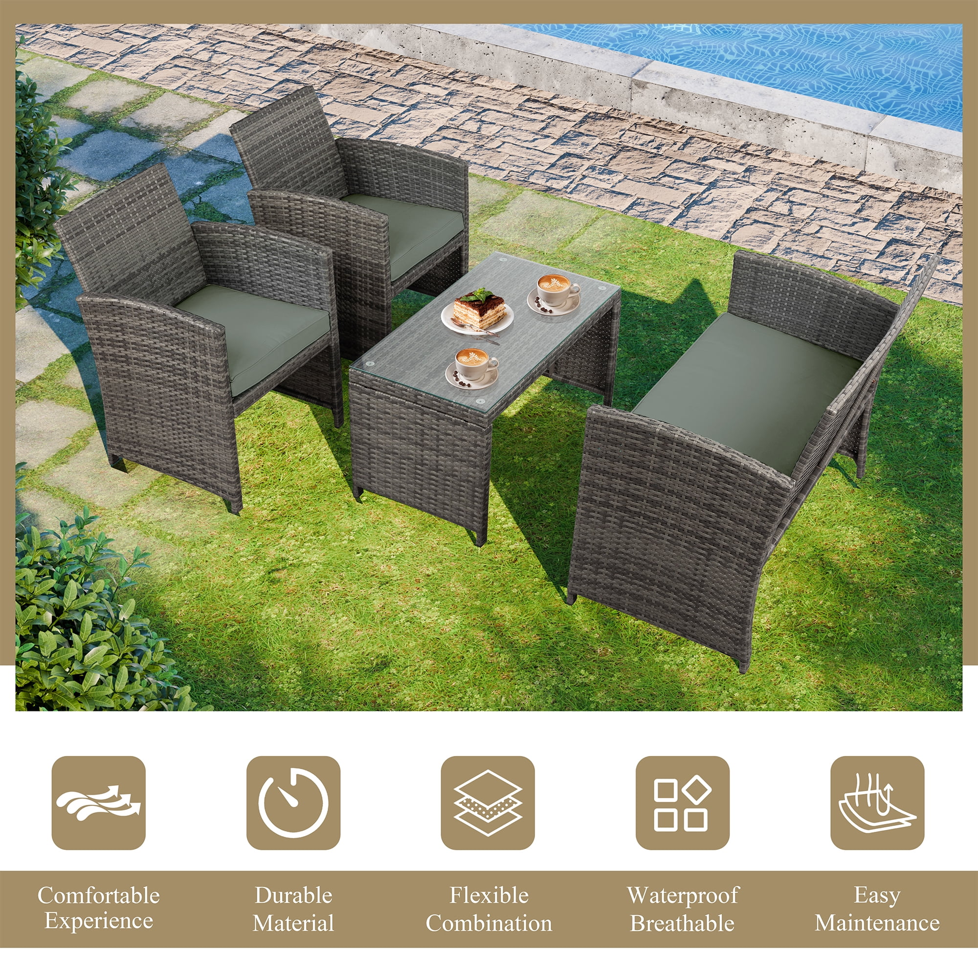 Walsunny Outdoor Patio Rattan Wicker Furniture Conversation Set 4 Piece with Cushions Tempered Glass Tabletop,Gray