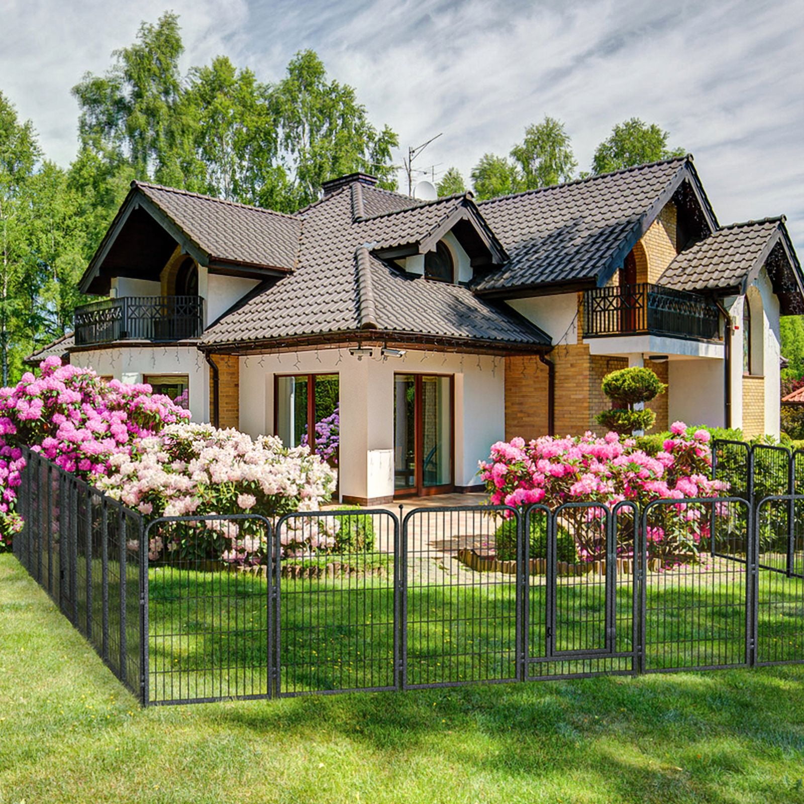 Petorldog Decorative Garden Metal Fence 110ft (L)×40in (H) with 42 Panels 6 Gates Outdoor, No Dig Fence, Animal Barrier Fencing for Outdoor Yard Patio Flower Bed（Black-Silver）
