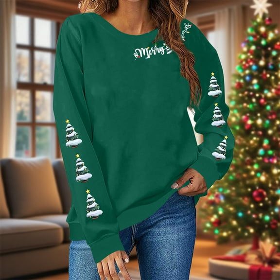 HOMBOM Womens Crewneck Christmas Sweatshirts Green Pullover Lightweight Long Sleeve Shirts for Womem Xmas Holiday