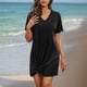 thumbnail image 1 of Traje de baño de bikini informal de color liso con escote en V y manga corta con trenzado lateral para mujer, camisa de playa de poliéster para mujer, 1 of 7