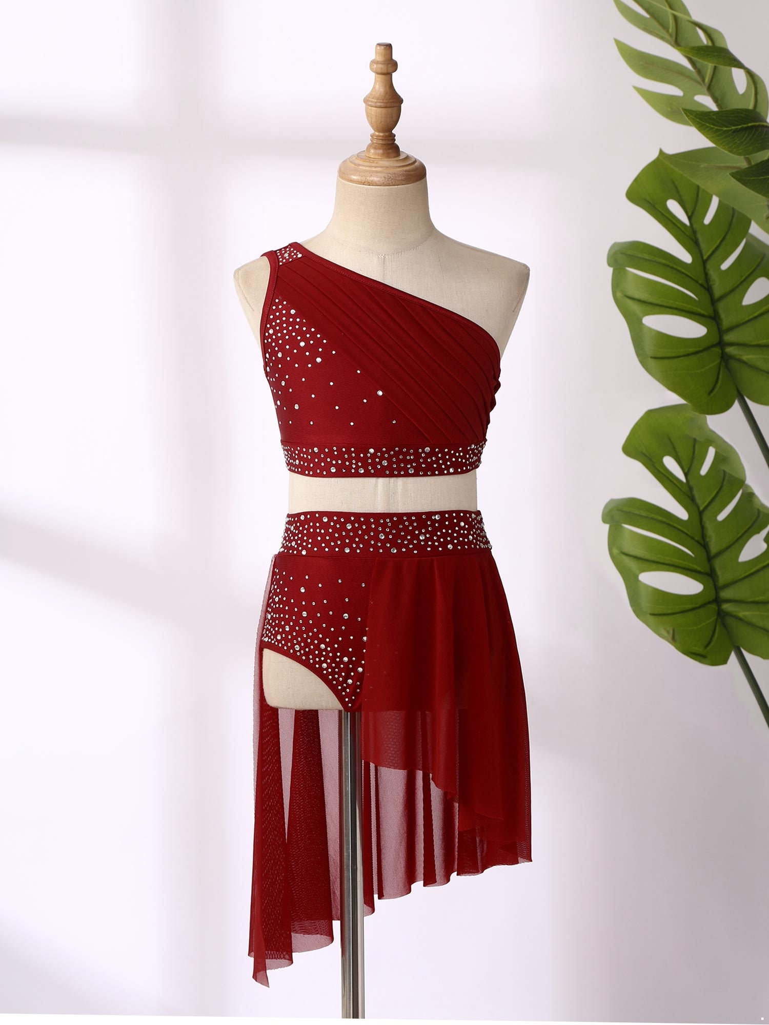 TSSOE Kids Girls 2 Pieces Lyrical Dance Dress Crop Top with Tutu Skirt Ballet Figure Skating Dress Burgundy 6