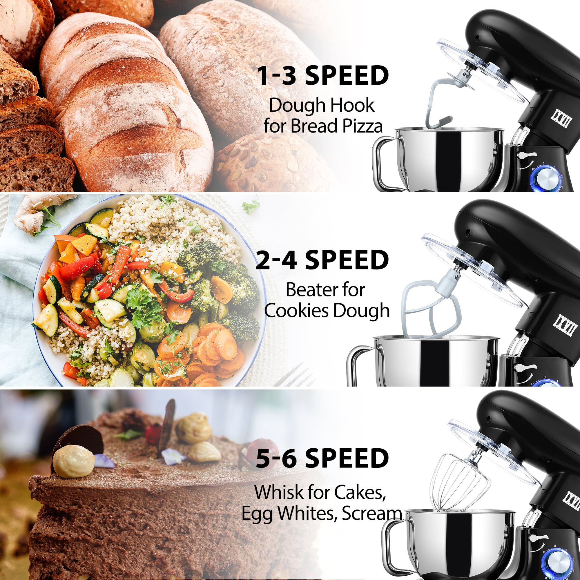  Cake Mixer Stand Mixers 6.5 L Stand Mixers With Stainless Steel  Bowl 1300W High Power Food Mixer With Dough Hook, Whisk, Beater, Glass Jar,  Meat Grinder (Color : Black): Home 