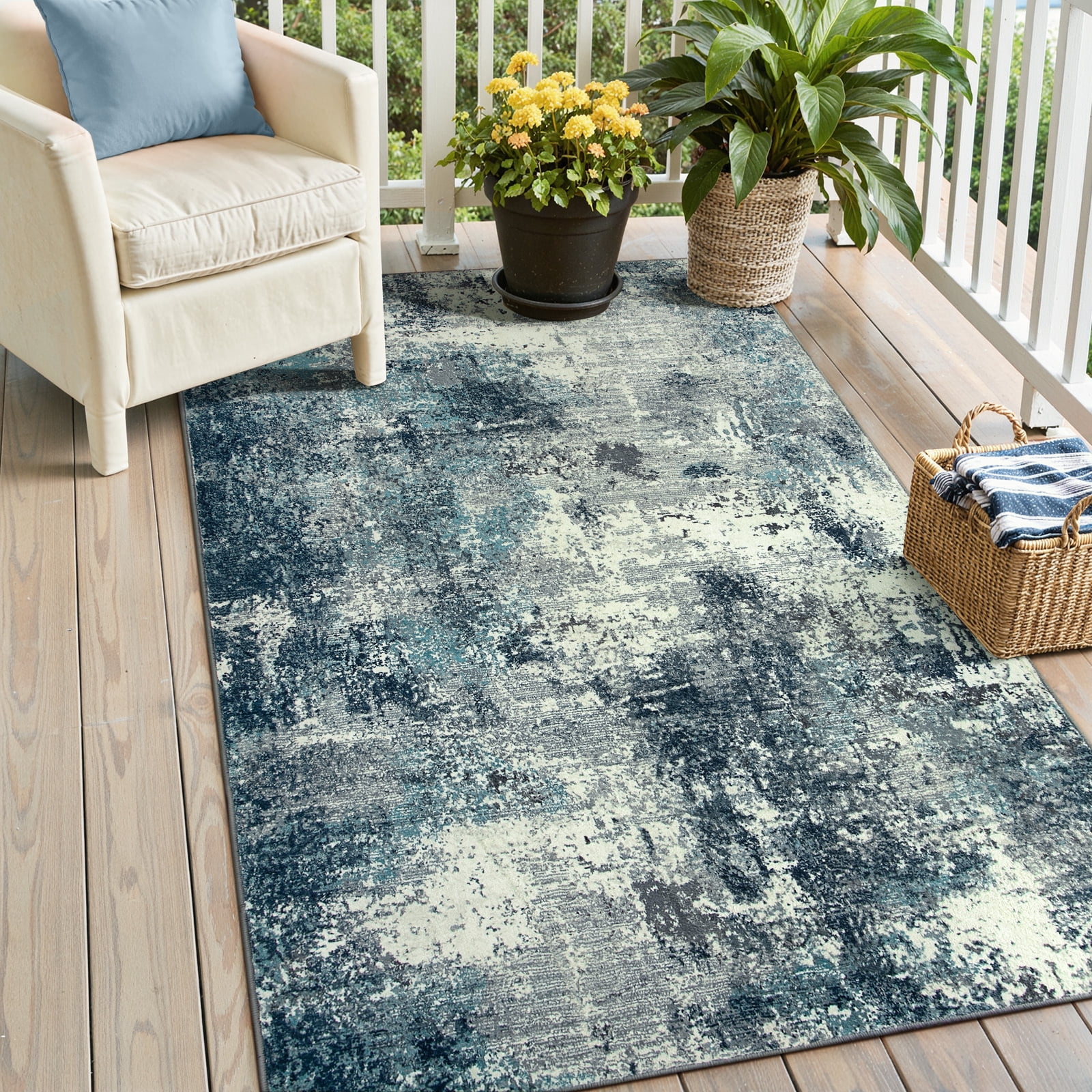 RUG ROBOT 3'x5' Area Rugs for Entryway, Non-Slip Washable Throw Rug, Indoor Soft Modern Abstract Distressed Doormat, Small Rug for Bedroom, Kitchen, Terrace, Balcony, Blue/Gray